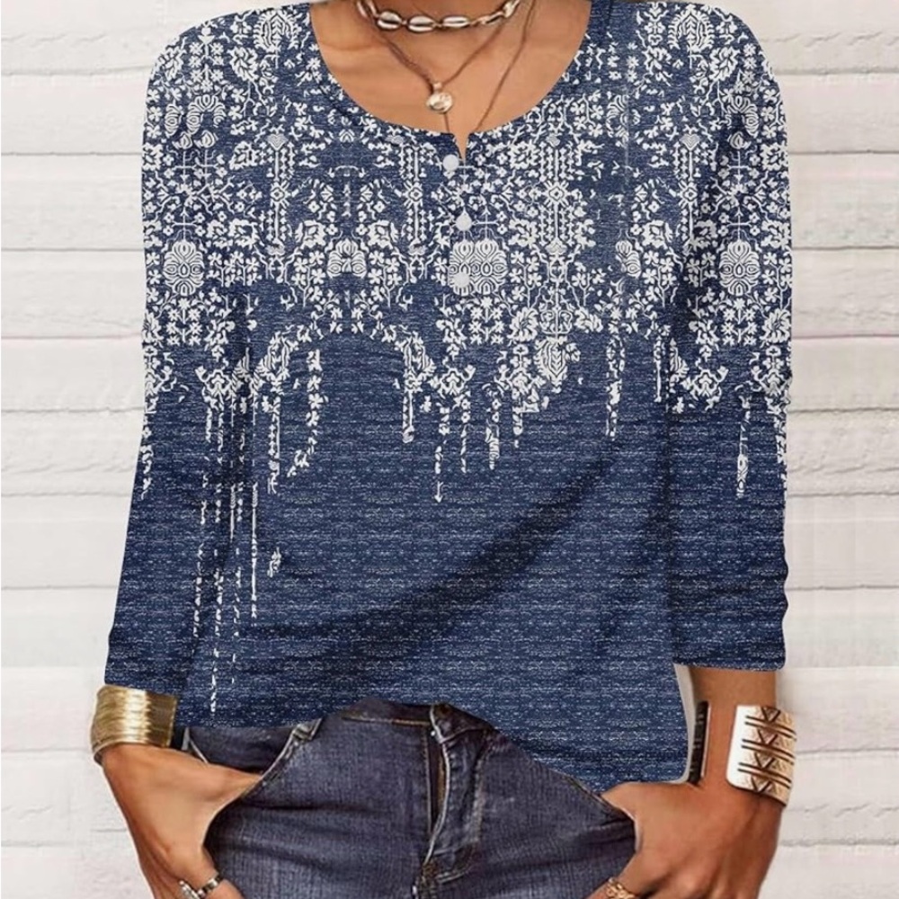 Women's Long Sleeve Crewneck moisture Wicking Ethnic Floral Work Blouse sz Large